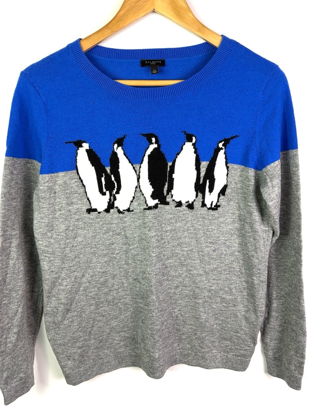 Talbots Blue and Gray Penguin wool blend Crewneck Sweater size LP